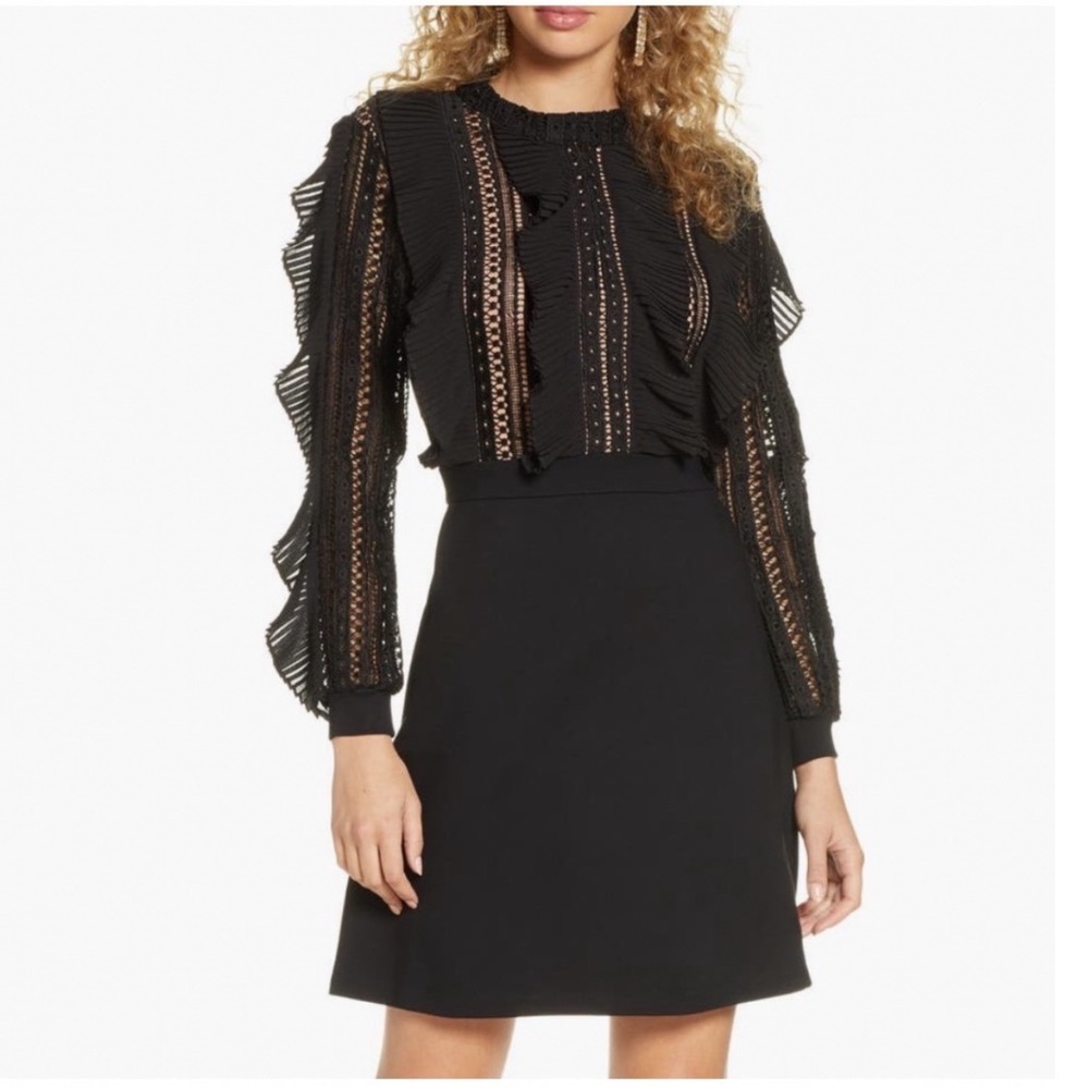 French Connection Patricia Black Lace Ruffle Mini Dress Long Sleeve Eyelet Sz 8